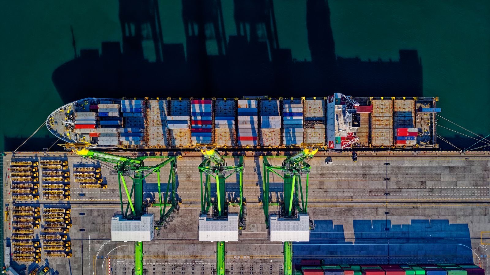 Aerial view of a container ship at a marine terminal
